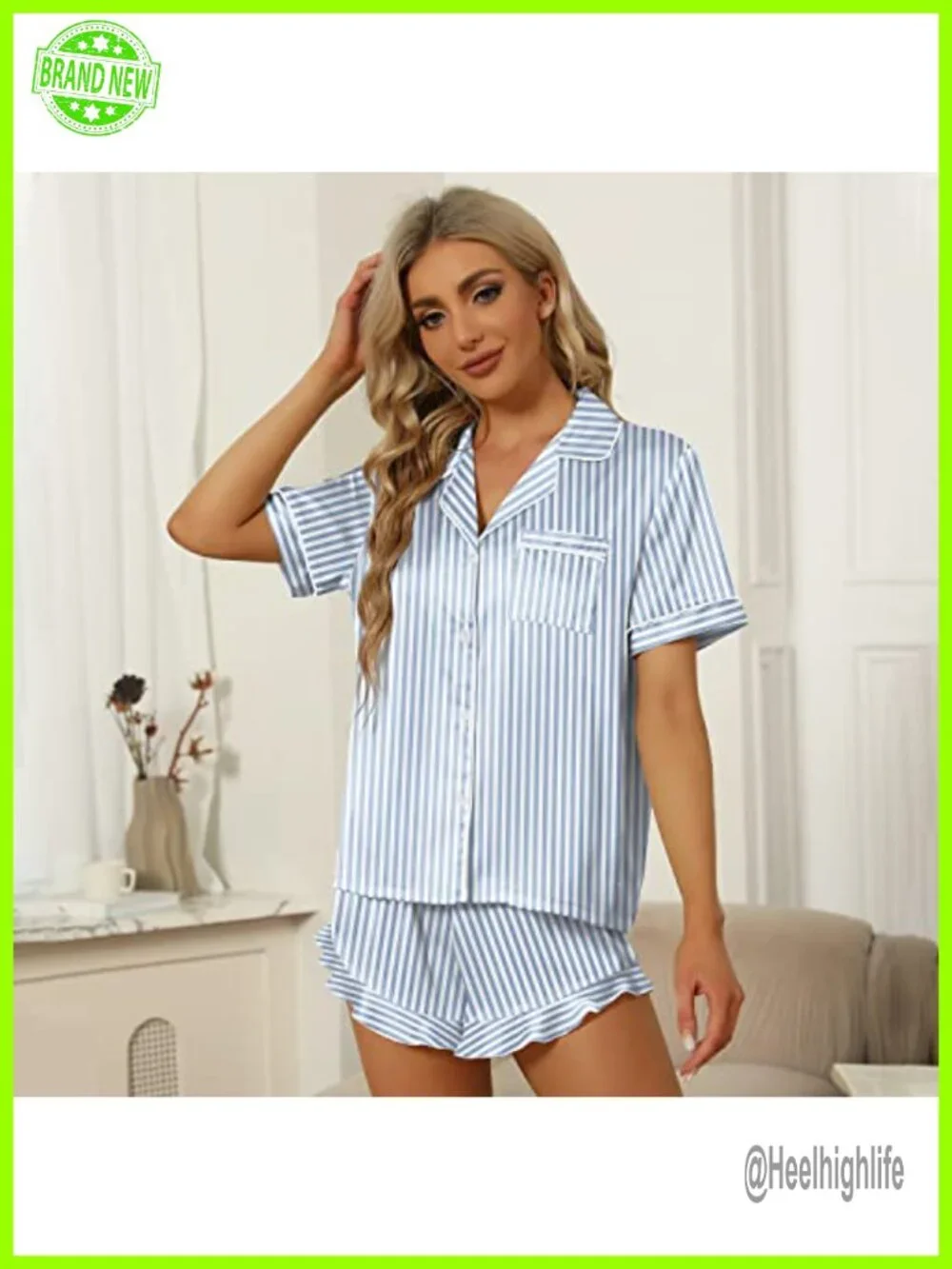 Satin Silk 2-Piece Pajama Set with Ruffle Shorts, Short Sleeve Button Down Pjs